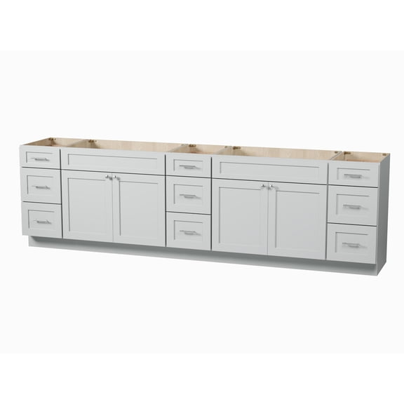 DISAR 117" Bathroom Vanity Base Only, 9 Drawer Layout, Shaker Style, Solid Wood Frame, Plywood Construction, 5-Layer Painted Finish, No Countertop, 117" x 22" x 34.5" (Gray)