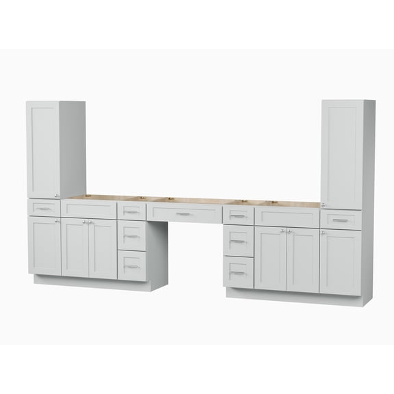 DISAR 132" Double Sink Bathroom Vanity Base with Tall Side Cabinets and Center Makeup Desk, Shaker Style, Solid Wood Frame, No Countertop, 132" x 22" x 72" (Gray)