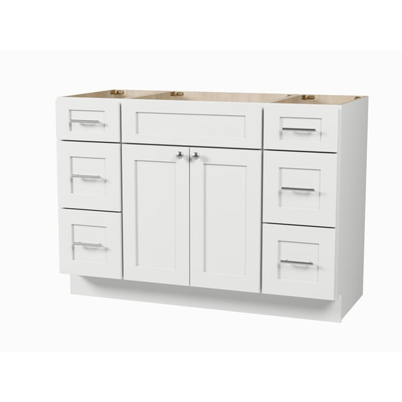 DISAR 48" Bathroom Vanity Base Only, 6 Drawer Layout, Shaker Style, Solid Wood Frame, Plywood Construction, No Countertop, 3-Piece Set, 48" x 22" x 34.5" (White)