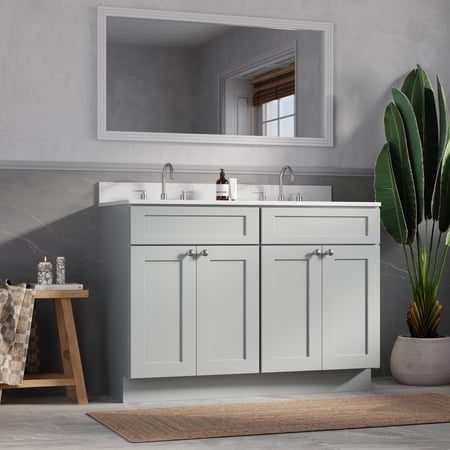 DISAR 48" Double Sink Bathroom Vanity with Carrara Quartz Top and Ceramic Sinks, Shaker Style, Solid Wood Frame, 49" x 22" x 35.25" (Gray)
