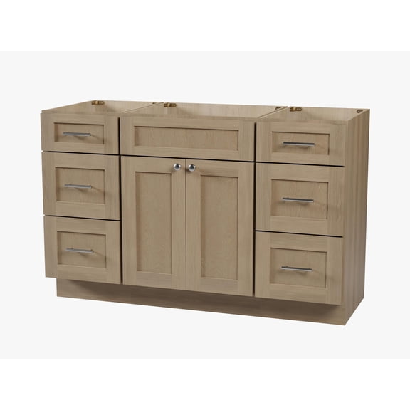 DISAR 54" Bathroom Vanity Base Only, 6 Drawer Layout, Shaker Style, Solid Wood Frame, Plywood 5-Layer Painted Finish, 3-Piece Fully Assembled, No Countertop, 54" x 22" x 34.5" (Natural Oak)