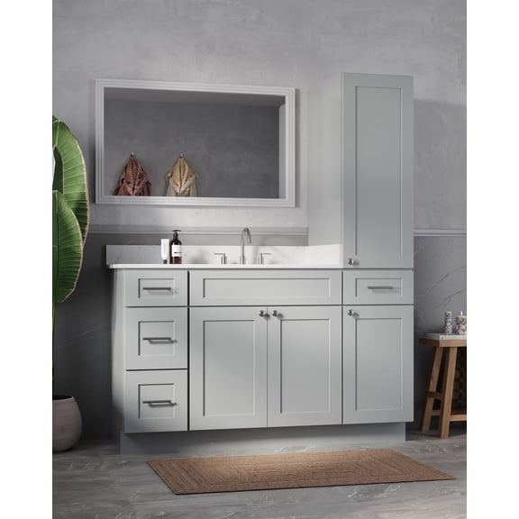 DISAR 57" Bathroom Vanity with Linen Storage Tower and 4 Drawers, Carrara Quartz Top and Ceramic Sink, Left or Right Tower Option, Solid Wood Frame, 58" x 22" x 72" (Gray, Right Tall Cabinet)