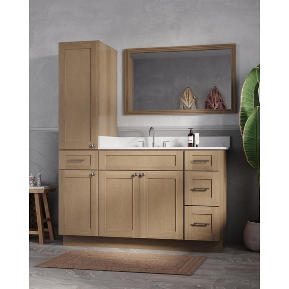 DISAR 57" Bathroom Vanity with Linen Storage Tower and 4 Drawers, Carrara Quartz Top and Ceramic Sink, Left or Right Tower Option, Solid Wood Frame, 58" x 22" x 72" (Natural Oak, Left Tall Cabinet)