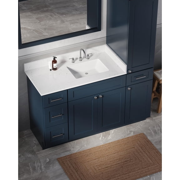 DISAR 57" Bathroom Vanity with Linen Storage Tower and 4 Drawers, Carrara Quartz Top and Ceramic Sink, Left or Right Tower Option, Solid Wood Frame, 58" x 22" x 72" (Navy Blue, Right Tall Cabinet)