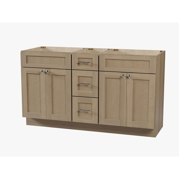 DISAR 60" Bathroom Vanity Base Only, 3 Drawer Layout, Shaker Style, Solid Wood Frame, Plywood Construction, 5-Layer Painted Finish, No Countertop, 60" x 22" x 34.5" (Natural Oak)