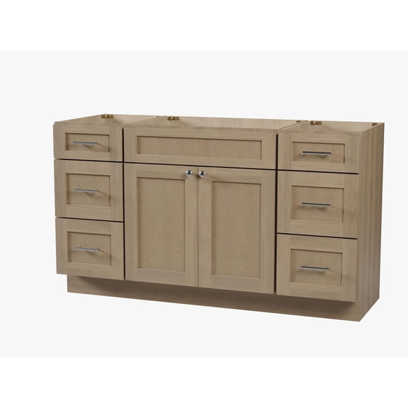 DISAR 60" Bathroom Vanity Base Only, 6 Drawer Layout, Shaker Style, Solid Wood Frame, Plywood, 5-Layer Painted Finish, 3-Piece Fully Assembled Set, No Countertop, 60" x 22" x 34.5" (Natural Oak)