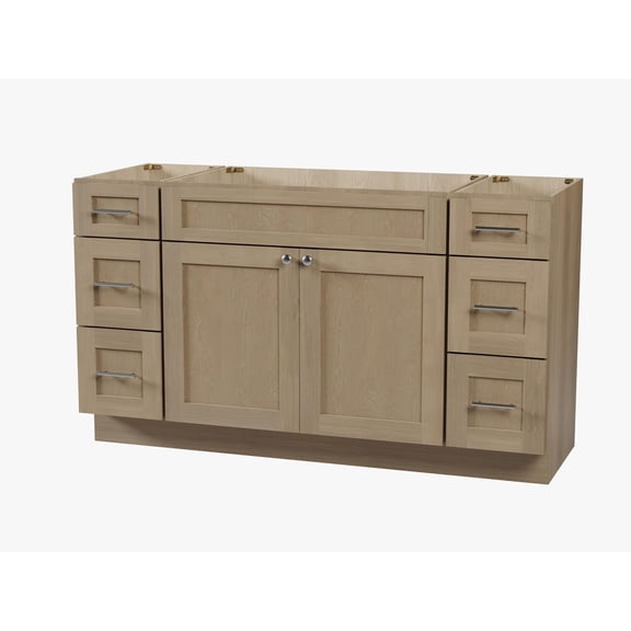 DISAR 60" Bathroom Vanity Base Only, 6 Drawer Layout, Shaker Style, Solid Wood Frame, Plywood, 5-Layer Painted Finish, 3-Piece Fully Assembled Set, No Countertop, 60" x 22" x 34.5" (Natural Oak)