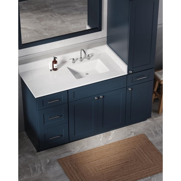 DISAR 60" Bathroom Vanity with Linen Storage Tower and 4 Drawers, Carrara Quartz Top and Ceramic Sink, Left or Right Tower Option, Solid Wood Frame, 61" x 22" x 72" (Navy Blue, Right Tall Cabinet)
