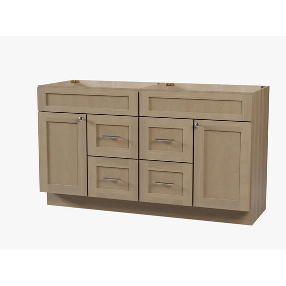 DISAR 60" Double Sink Bathroom Vanity Base Only, 4 Drawer Layout, Shaker Style, Solid Wood Frame, Plywood Construction, No Countertop, 60" x 22" x 34.5" (Natural Oak)