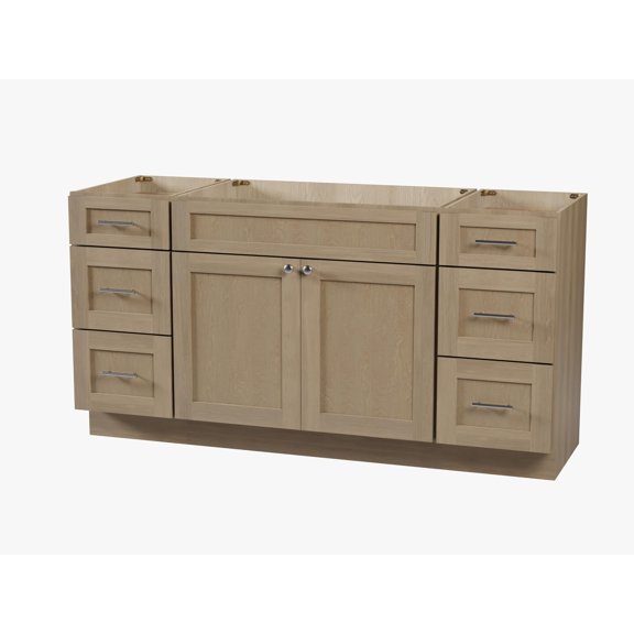 DISAR 66" Bathroom Vanity Base Only, 6 Drawer Layout, Shaker Style, Solid Wood Frame, Plywood Construction, 5-Layer Painted Finish, 3-Piece Set, No Countertop, 66" x 22" x 34.5" (Natural Oak)