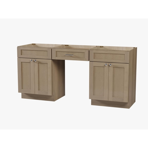 DISAR 72" Double Sink Bathroom Vanity Base with Center Makeup Desk Drawer, Shaker Style, Solid Wood Frame, Plywood Construction, 5-Layer Finish, No Countertop, 72" x 22" x 34.5" (Natural Oak)