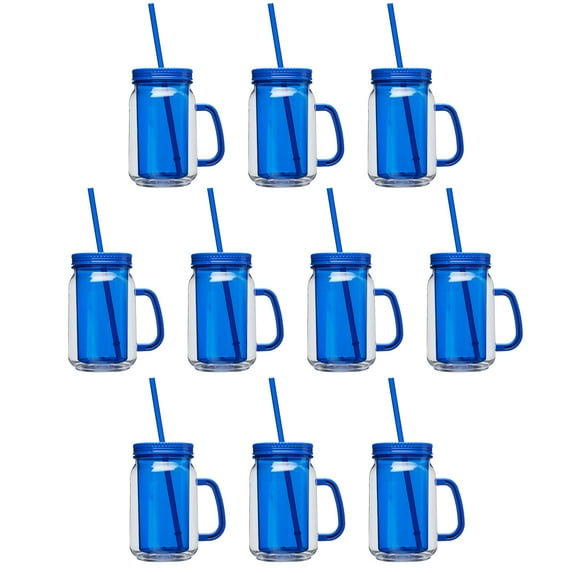 DISCOUNT PROMOS 17 oz Blue Plastic Mason Drinking Jars with Straw Set of 10