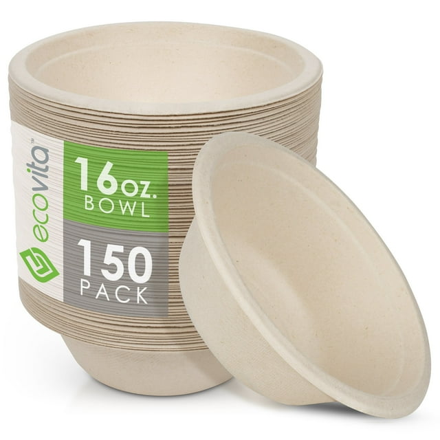 DISEN 100% Compostable Paper Bowls [16 oz.] – 150 Disposable Bowls Eco Friendly Sturdy Tree Free Alternative to Plastic or Paper Bowls | Ecovita