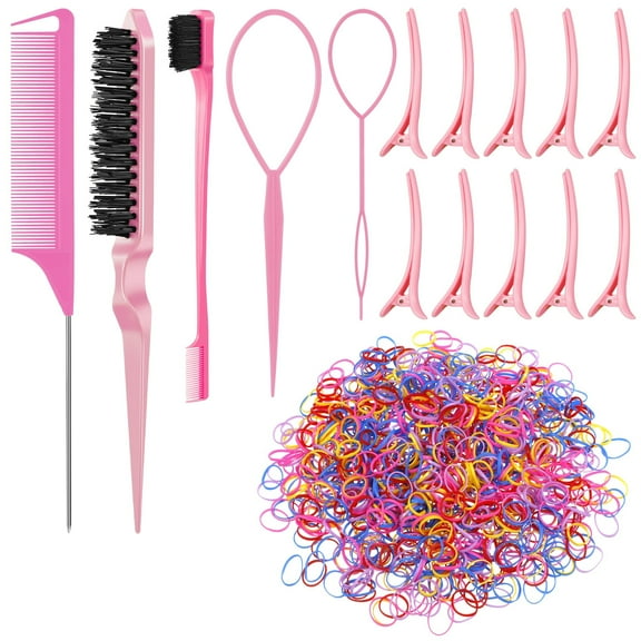 DISEN 1000 Pcs Rubber Bands for Hair, Topsy Tail Hair Styling Tools, Colorful Tiny Hair Elastics, Hair Brush Comb Set For Kids Girls Women Thin Hair(Pink)