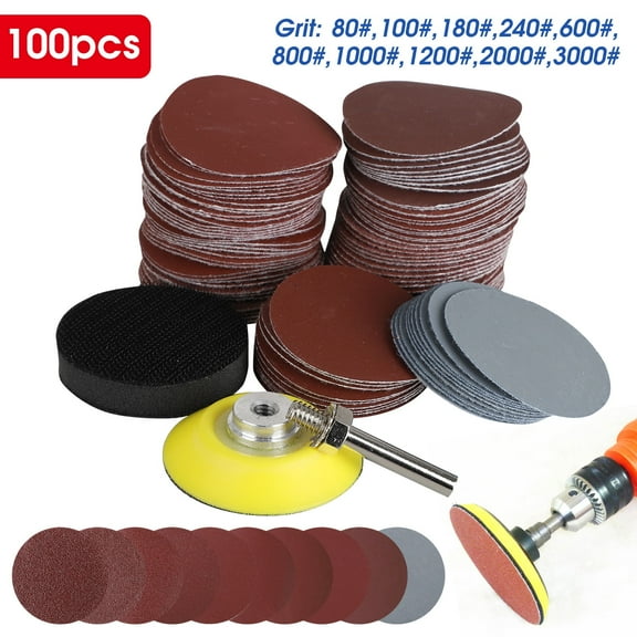 DISEN 100pcs 2" Sanding Disc Pads, Sanding Sandpapers with 1/4" Shank Backing Pad and Soft Foam Buffering Pad