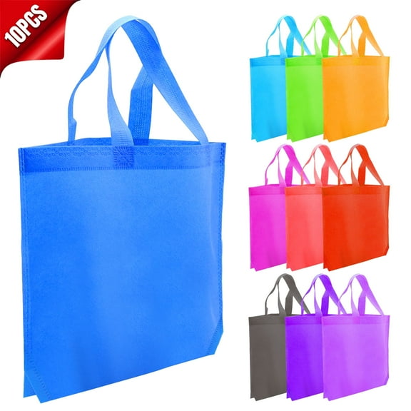 DISEN 10Pcs Reusable Non-Woven Fabric Bags Handy Tote Shopping Bags Grocery Food Container with Handles, 15 x 13in, Assorted Color