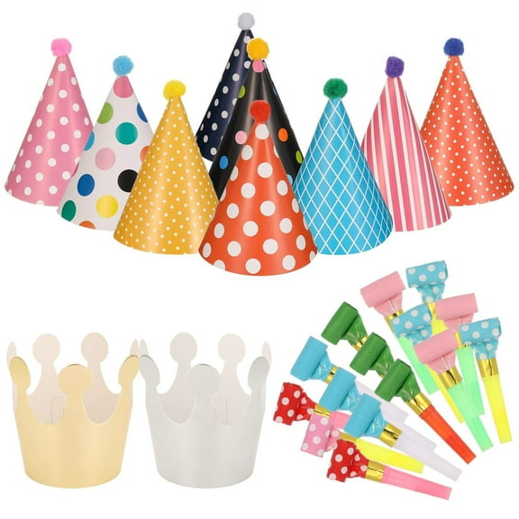 DISEN 11 Pcs Birthday Party Hat with Pom Poms for Adults, Party Cone Hat and Whistles, 15 Pcs Party Noise Maker Blowouts for Kids, Mini Paper Party Hat and Blowouts Set for Kid Adults