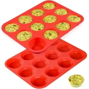 DISEN 2 Pack Silicone Muffin Pan / Cupcake Pan Cupcake Mold 12 Cup, Red