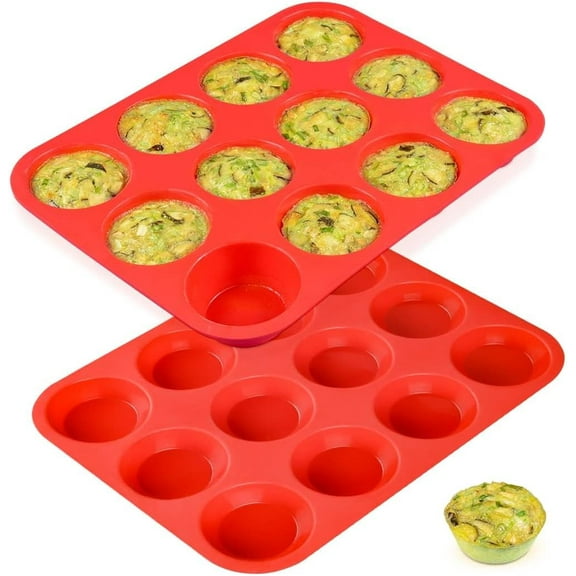 DISEN 2 Pack Silicone Muffin Pan / Cupcake Pan Cupcake Mold 12 Cup, Red
