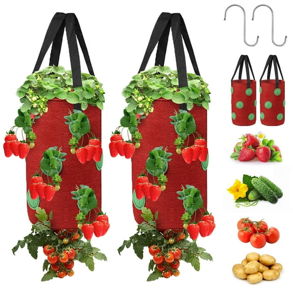 DISEN 2pcs Hanging Plant Growing Planters, 13 Holes Garden Upside-Down Planting Bags for Strawberry, Red