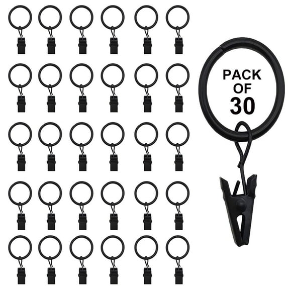 DISEN 30 Pack Curtain Rings with Clips, Heavy Duty Drapery Clip,Tension Rods Hooks, Polish Black Curtain Hooks Hangers