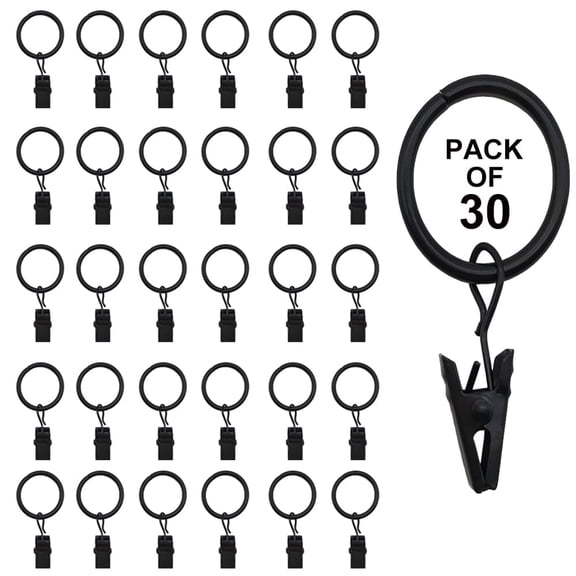DISEN 30 Pack Curtain Rings with Clips, Heavy Duty Drapery Clip,Tension Rods Hooks, Polish Black Curtain Hooks Hangers