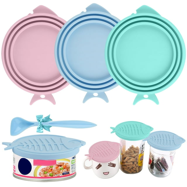 DISEN 3pcs Silicone Pet Food Can Lids with Spoon FDA Safe BPA Free for