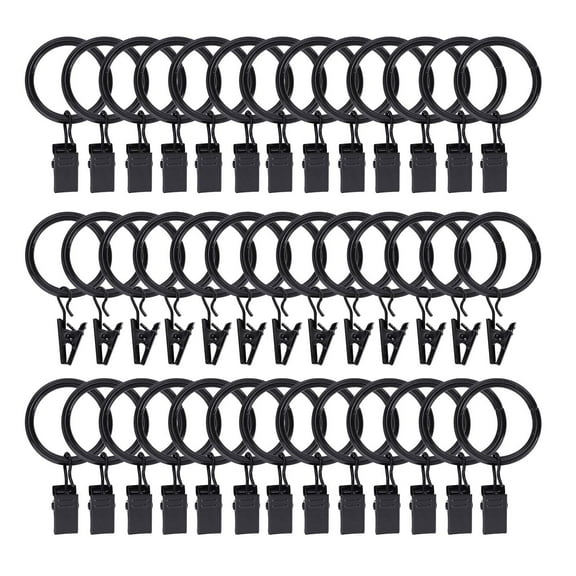 GYDEK 40 Pack Curtain Rings with Clips Hooks 1 inch Rustproof Matte Metal Stainless Steel Drapery Rings for Tension Rod Bracket Eyelets Decorative Hangers, Black (1" Interior Diameter)