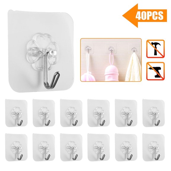 DISEN 40Pcs Self Adhesive Wall Hooks, Heavy Duty Clear Stick-On Hangers, 33lb Limited