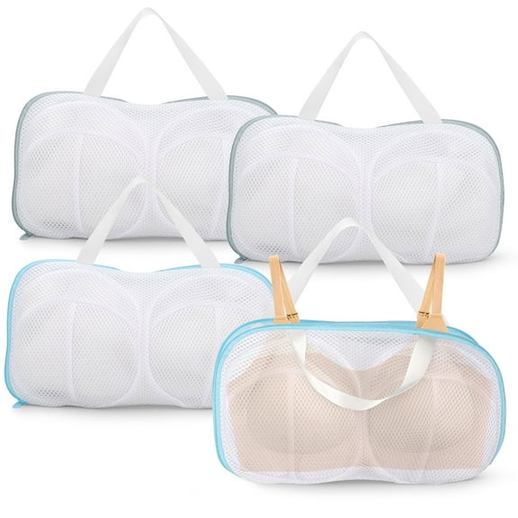 DISEN 4Pcs Bra Washing Bags, Anti Deformation Hangable Underwear Laundry Bag, Blue & Gray