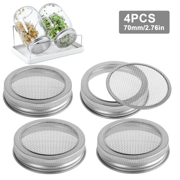 DISEN 4pcs 70mm Sprouting Lids for Regular Mouth Mason Jars, Stainless Steel Mesh Screens for Making Organic Sprout Seeds