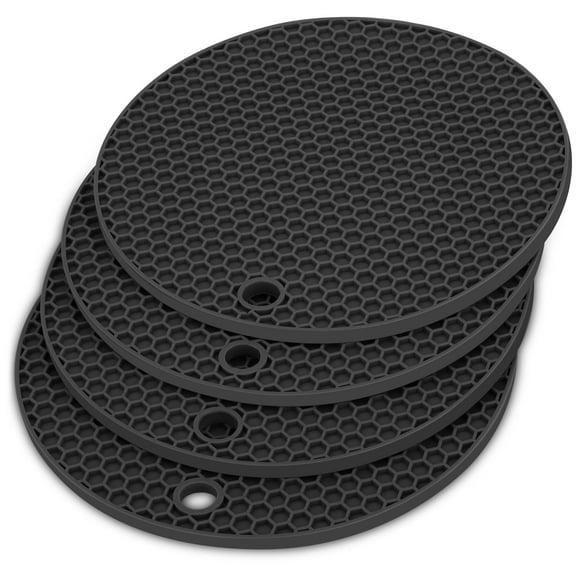 DISEN 4pcs Silicone Pot Holders, Heat Resistant Trivets, Hot Pads for Kitchen, 7", Round, Black