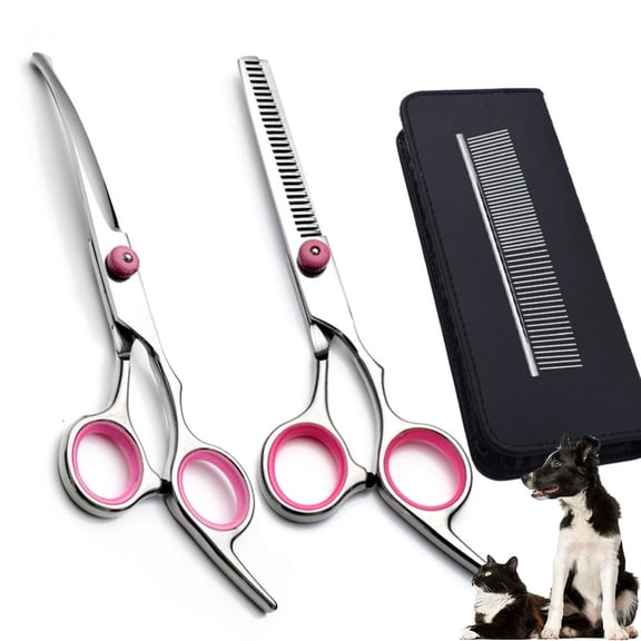 DISEN 7" Dog Grooming Scissors Kit with Safety Round Tips, Heavy Duty Titanium Stainless Steel, Professional Dogs Cats Pets Grooming Shears Set, Thinning Shears, Curved Scissors, Comb