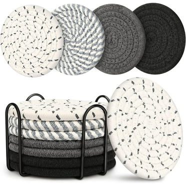 DISEN 8Pcs Drink Coasters with Holder, Handmade Cotton Coasters, 4Colors Absorbent Coasters for Drinks, Coaster Cup Coasters, Coasters for Wooden Table, Living Room Decor