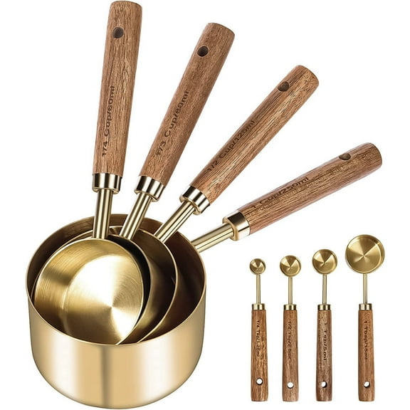 DISEN 8Pcs Measuring Cup and Spoon Set Gold Measuring Cups Spoons Set with Wooden Handle Stainless Steel Kitchen and Baking Measurement Set for Home Kitchen Party