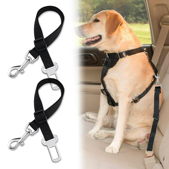 DISEN Adjustable Dog Seatbelt Harness with 2 x Safety Leads for Pets, Black (2 Pack)