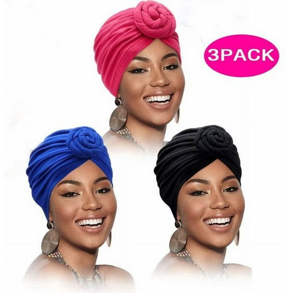 DISEN African Head Wrap Headbands for Women Turbans Hair Wraps Headband Pre-Tied Pattern Bonnet Turban Knot Beanie Cover Head Wrap Hat 3 Pcs Black Blue Pink