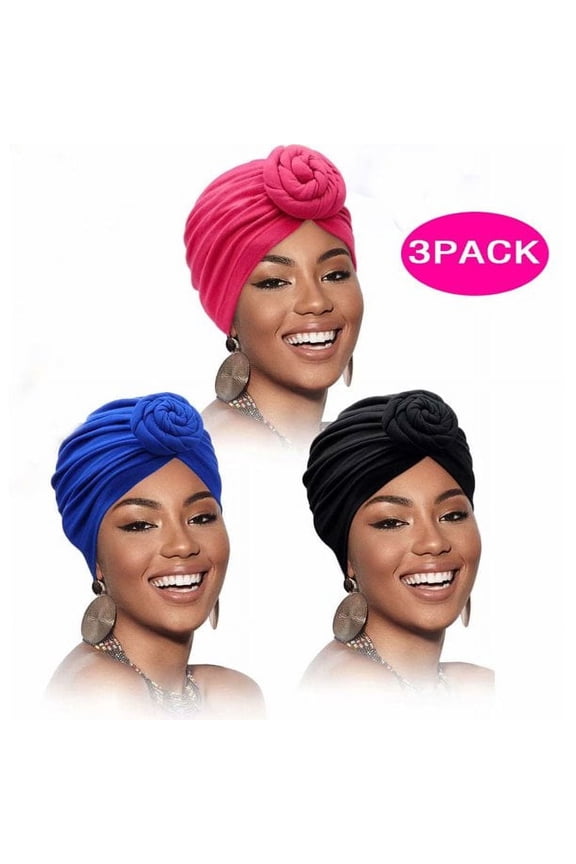 DISEN African Head Wrap Headbands for Women Turbans Hair Wraps Headband Pre-Tied Pattern Bonnet Turban Knot Beanie Cover Head Wrap Hat 3 Pcs Black Blue Pink