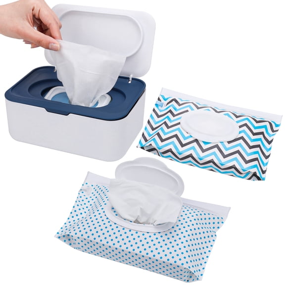 DISEN Baby Wipes Dispenser, Wipe Dispenser with 2 Pack Wipe Pouch Bags, Refillable Wipes Case with Lids and Sealing Design, Flushable Wipes Storage Box(Blue)