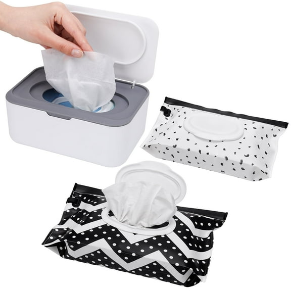 DISEN Baby Wipes Dispenser with 2 Pack Pouch Bags, Refillable Wipes Case with Lids and Sealing Design, Flushable Storage Box