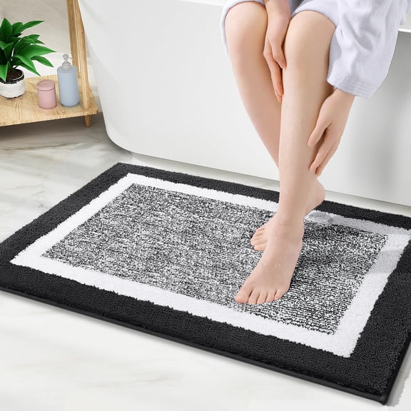 DISEN Bathroom Rugs 24x16, Extra Soft and Absorbent Microfiber Bath Mat, Non-Slip, Machine Washable, Quick Dry Shaggy Bath Carpet, Suitable for Bathroom Floor, Tub, Shower (Black and White)