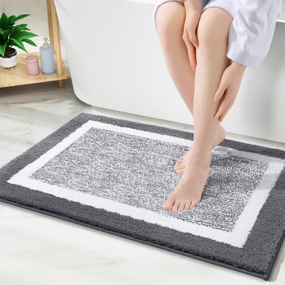 DISEN Bathroom Rugs 24x16, Extra Soft and Absorbent Microfiber Bath Mat, Non-Slip, Machine Washable, Quick Dry Shaggy Bath Carpet, Suitable for Bathroom Floor, Tub, Shower (Grey and White)