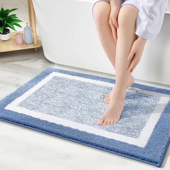 DISEN Bathroom Rugs 24x16, Extra Soft and Absorbent Microfiber Bath Mat, Non-Slip, Machine Washable, Quick Dry Shaggy Bath Carpet, Suitable for Bathroom Floor, Tub, Shower (Blue and White)