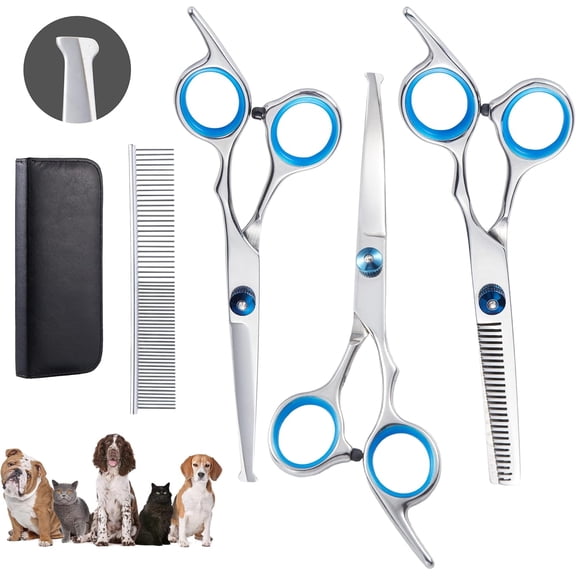 DISEN Dog Grooming Scissors Kit, 4 in 1 Sharp and Durable Dog Shears, Thinning, Straight, Curved Shears, Combs for Dogs, Cats