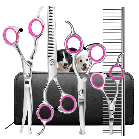 DISEN Dog Grooming Scissors Kit with Round Tip, Ecnocal Stainless Steel Titanium Coated Pet Grooming Trimmer Set, Thinning/Straight/Curved Shears, and Comb with Case for Small Pet Dog Cat (Classic)