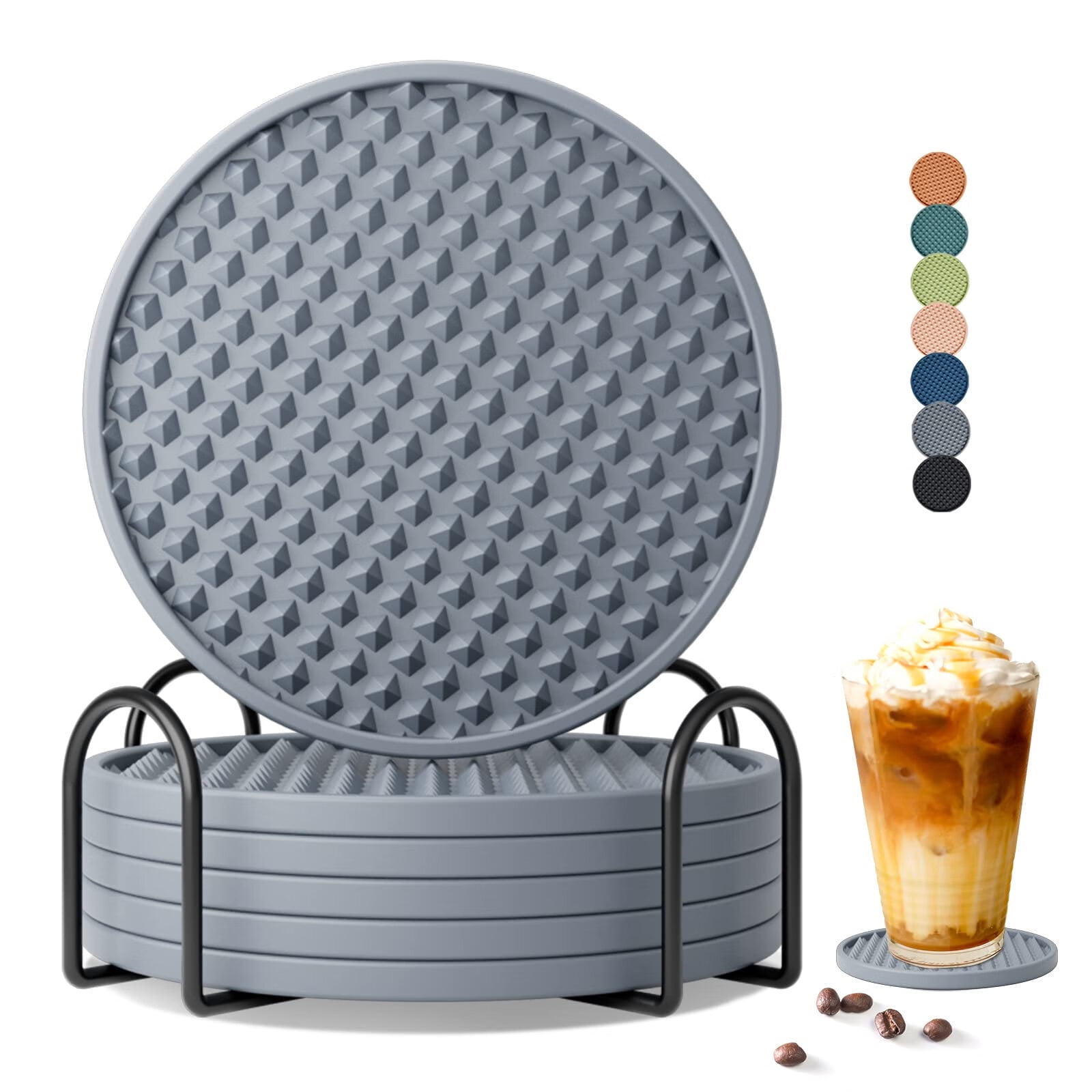 DISEN Drink Coasters Set of 6 with Holder, Silicone Coasters Tabletop