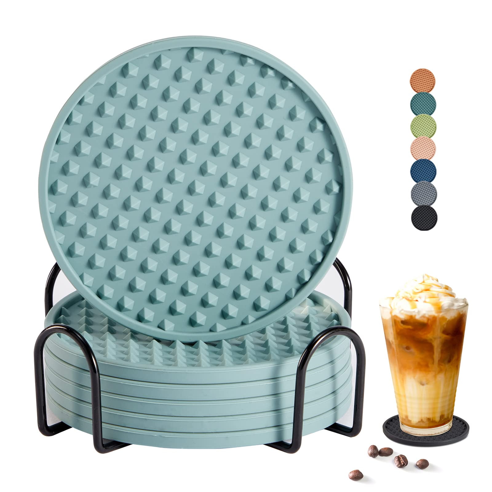 DISEN Drink Coasters Set of 6 with Holder, Silicone Coasters Tabletop