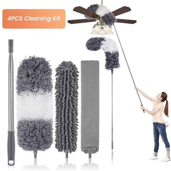 DISEN Dusters Kit for Cleaning, 4pcs Microfiber Feather Cleaning Kits for Ceiling, Extendable Dusters with Extension Pole 30-100", Long Feather with Flexible Bendable Head for Ceiling Fan/Furniture