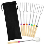 DISEN Extendable Marshmallow Roasting Sticks - Set of 8 Telescoping Smores Skewers & Hot Dog Forks with Wooden Handle For Fire Pit Campfire - 32 inch Stainless Steel BBQ Kit For Outdoor Camping