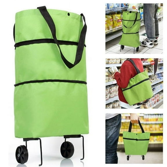 DISEN Folding Shopping Cart,Trolley Bag with Wheels,Folding Shopping Zipper Oxford Cloth Bag for Groceries with Wheels Bracket and Removable Bag Green